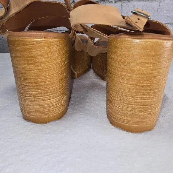 ROOLEE MUSSE AND CLOUD CHUNKY PLATFORM TAN LEATHER WOOD SANDALS WOMENS SIZE 7 - Picture 8 of 9